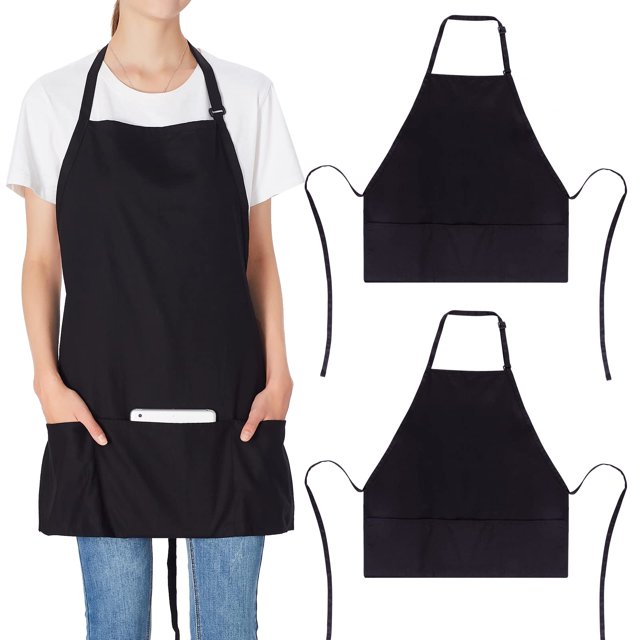 Jubatus 2 unidades 3 bolsillos 100% algodón ajustable babero delantal chef cocina delantales para mujeres hombres negro