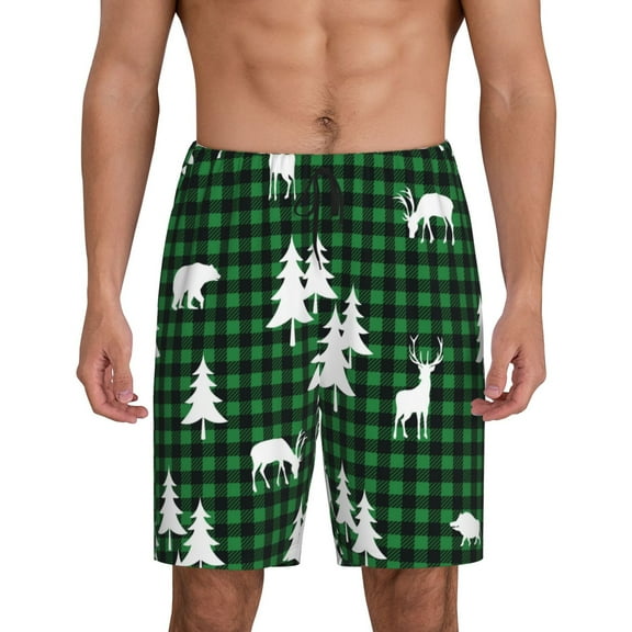 Logiee Christmas tree green plaid Print Men's Pajama Shorts with Drawstring & Pockets,Sleep Shorts for Men,Sleepwear Bottoms,Elastic Waistband Loungewear-Small