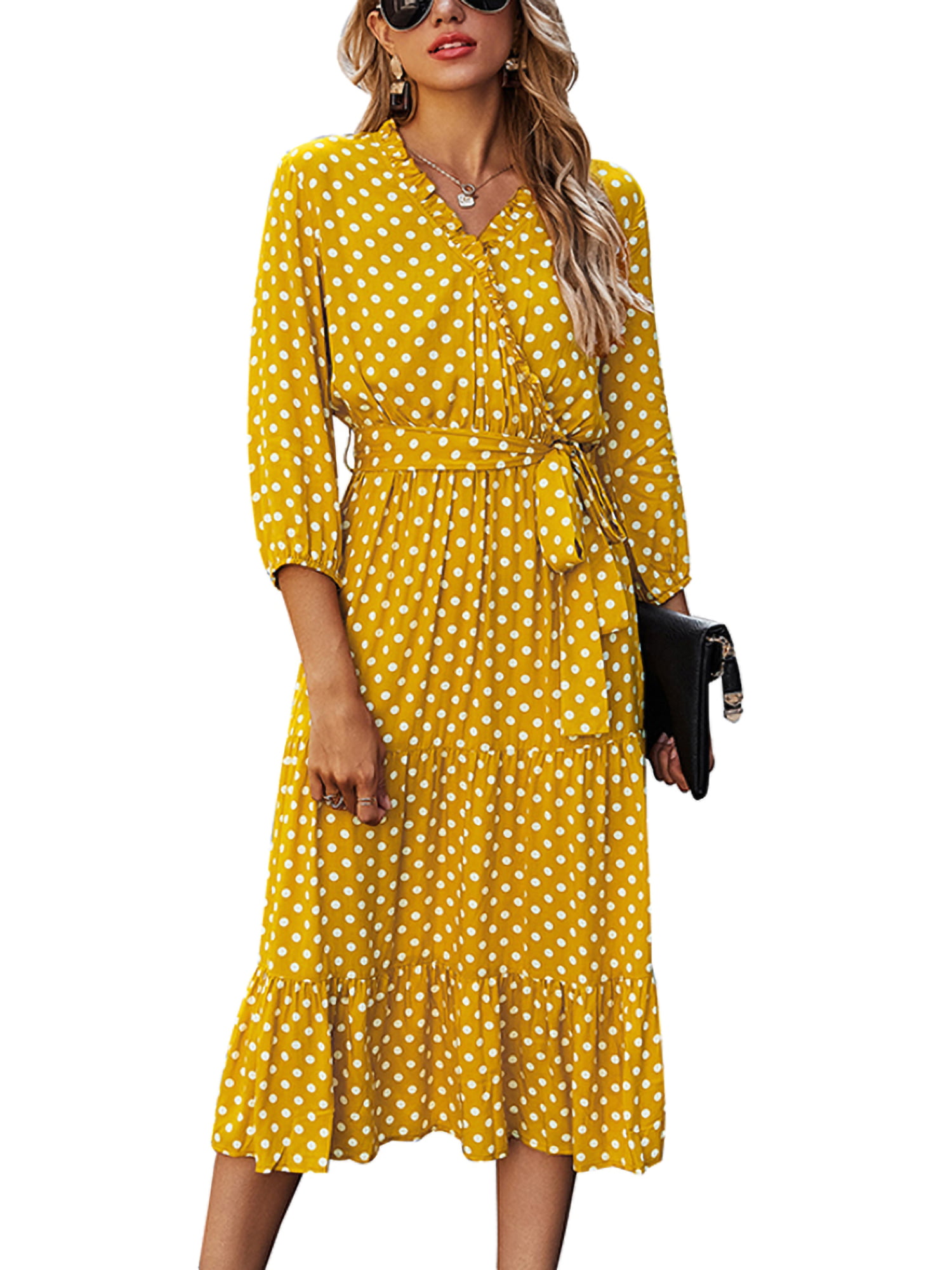Casual Midi Dress for Women Polka Dot Ruffle Sleeves Flowy A Line Swing Dress Cocktail Party Dress with Pockets
