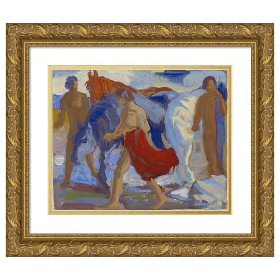 Paul Altherr 14x12 Gold Ornate Wood Frame and Double Matted Museum Art Print Titled - Young Men with Horses (1913-15)