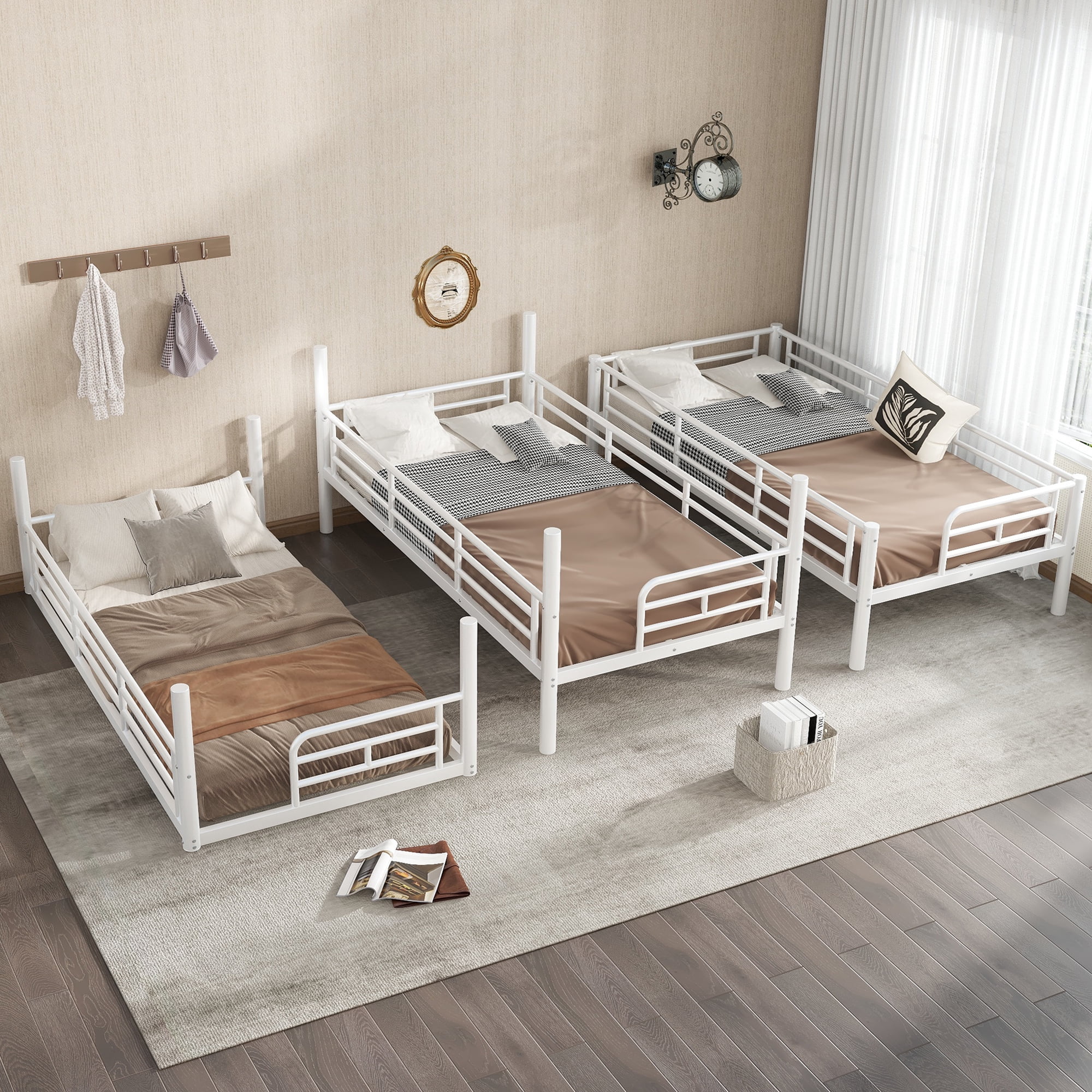 Euroco Metal Twin Bunk Bed,Triple Bed for Kids Room,3 Bed for Kids Teens Adults, Space-Saving, White