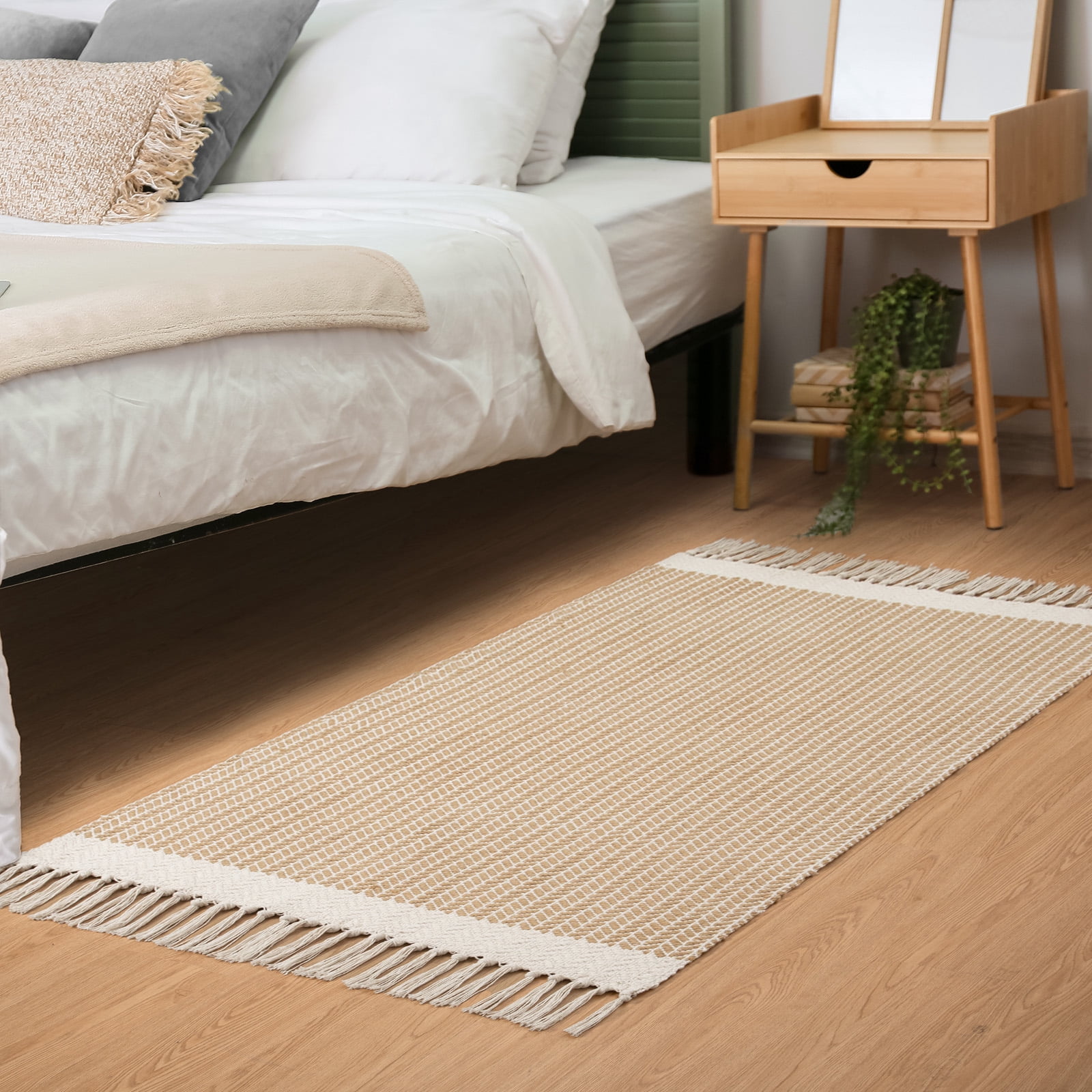 Moynesa 3'x5' Area Rug for Living Room Machine Washable Bedroom Rugs Boho Farmhouse Woven Mat with Tassels Accent Kitchen Rugs Non-Shedding Indoor Carpet for Bathroom Laundry Room, Khaki