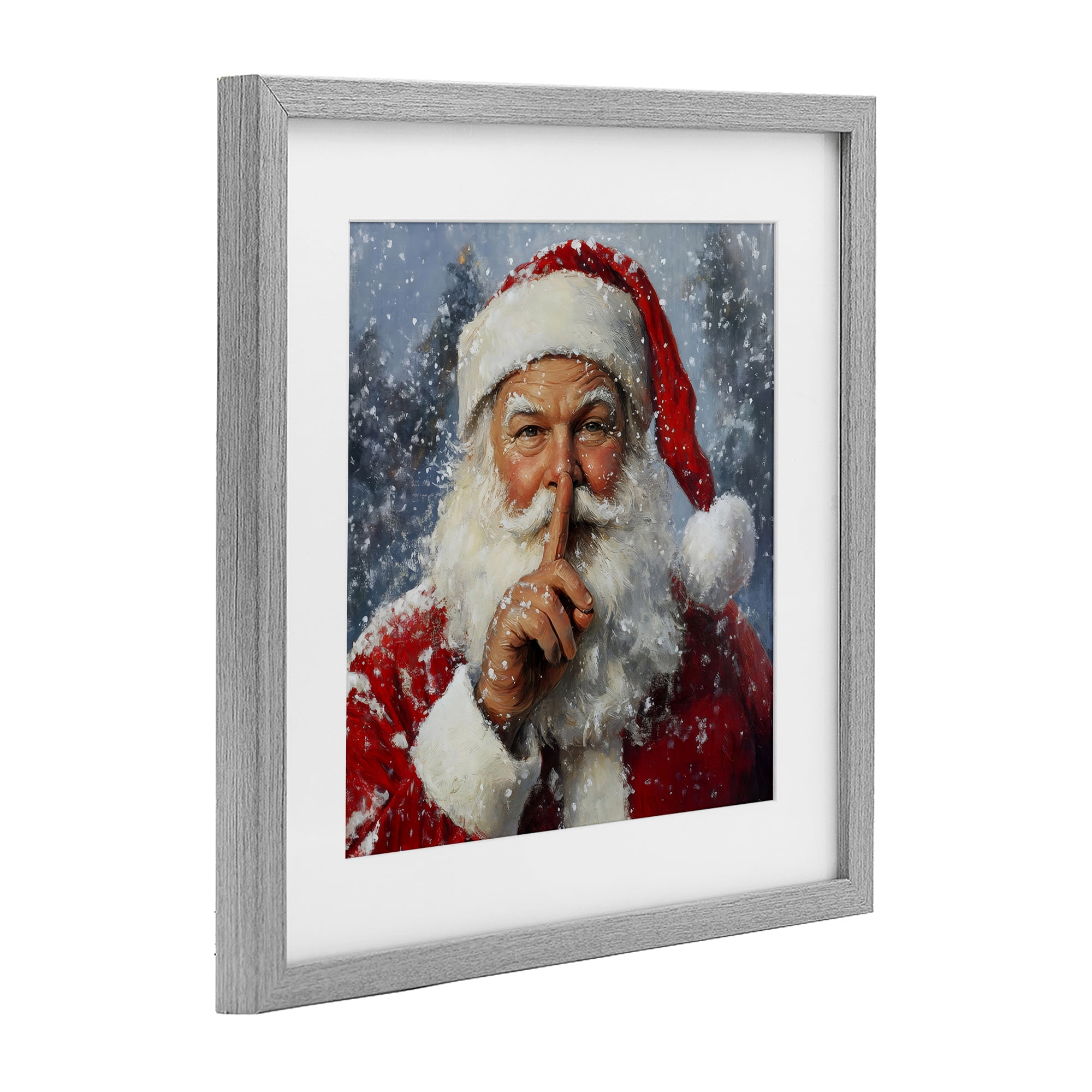 Secret Santa Shh Gray Framed Print Under Glass, design by Petal Prints Design