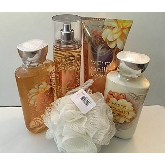 Ensemble Cadeau 5 Pcs Deluxe Vanille Chaude, Taille Complète, Crème, Lotion, Gel Douche, Brume Parfumée et Éponge de Douche (l'Emballage Peut Varier)