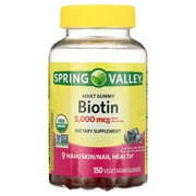 Spring Valley Non GMO Biotin Vegetarian Gummies, Blueberry Flavor, 5000mcg, 150 Count