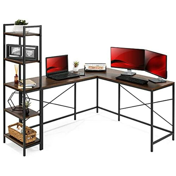 L Shaped Corner Computer Desk Large Study Workstation Furniture W Multifunctional 5 Tier Open Storage Bookshelves Custom Setup For Home Office Brown Black Com L Shaped Corner Computer Desk Large, Custom Desk Dimensions