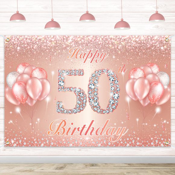 Fondo De Cartel De Feliz Cumpleaños Número 50 - 50 Suministros De Decoración Para Fiesta De Cumpleaños Para Mujeres O Hombres - Oro Rosa 4 X 6 Pies