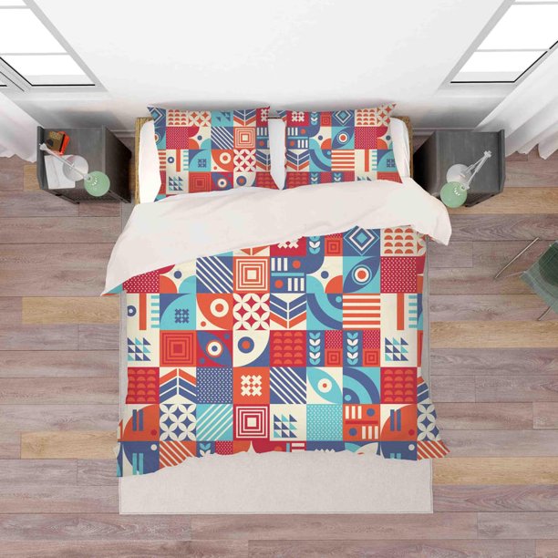 3D Rojo Azul Floral Cuadrado Geométrico Funda de edredón Juego de ropa de cama Fundas de almohada 15