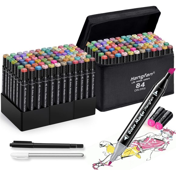 Marcadores de alcohol Hangfan, 84 colores, punta doble, con rotulador y bolígrafo