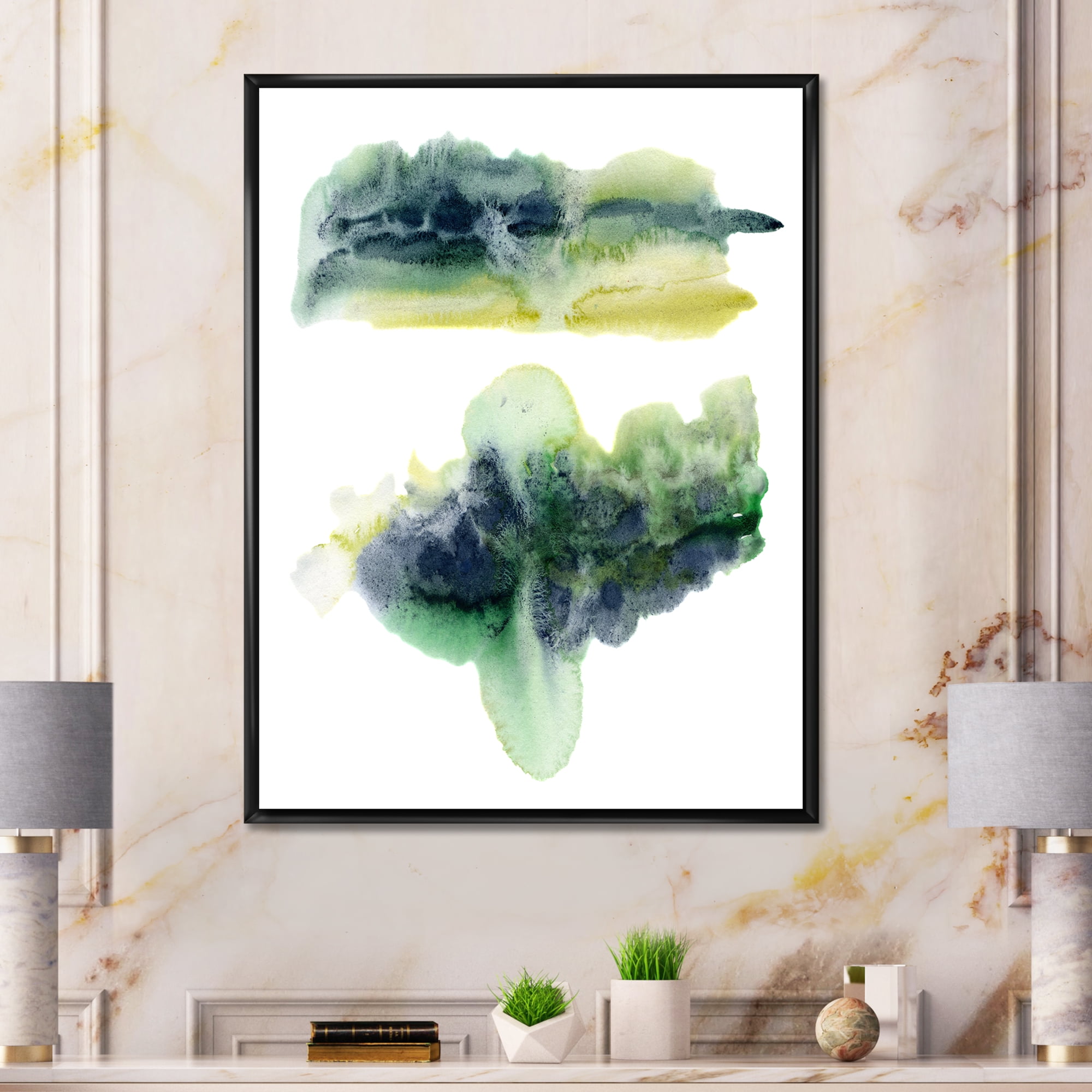 Golden Green Abstract Clouds IV 12 in x 20 in Framed Painting Canvas Art Print, by Designart