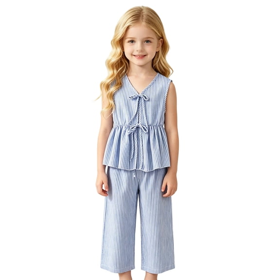 Big Girls 2-Piece Summer Outfit Set Striped Solid Color Vest Top with Waist Tie and Casual Pants Outfits Size 15-16T