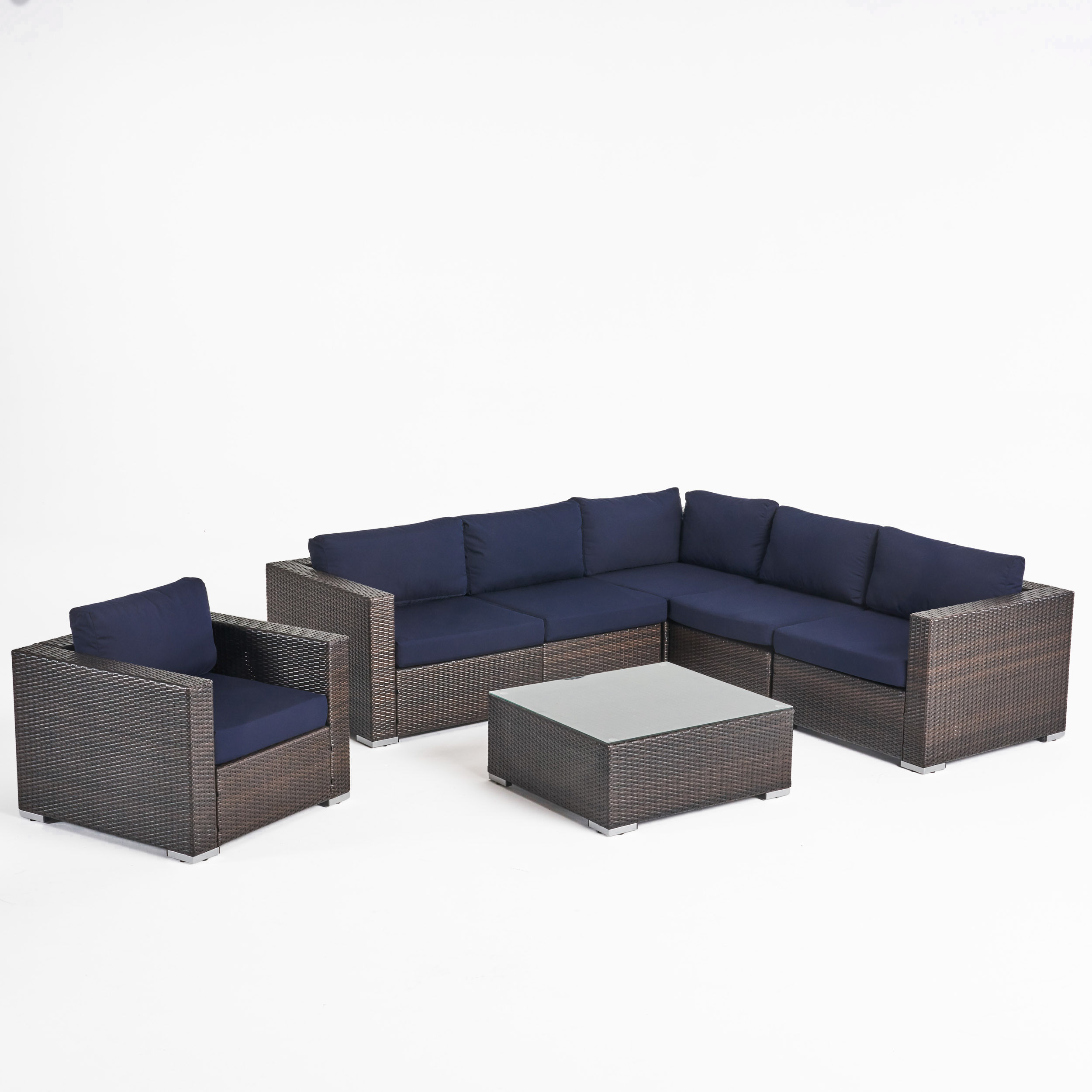 Faviola Outdoor 6 Seater Wicker Sectional Sofa Set with Sunbrella Cushions, Multibrown and Sunbrella Canvas Navy - image 4 of 10