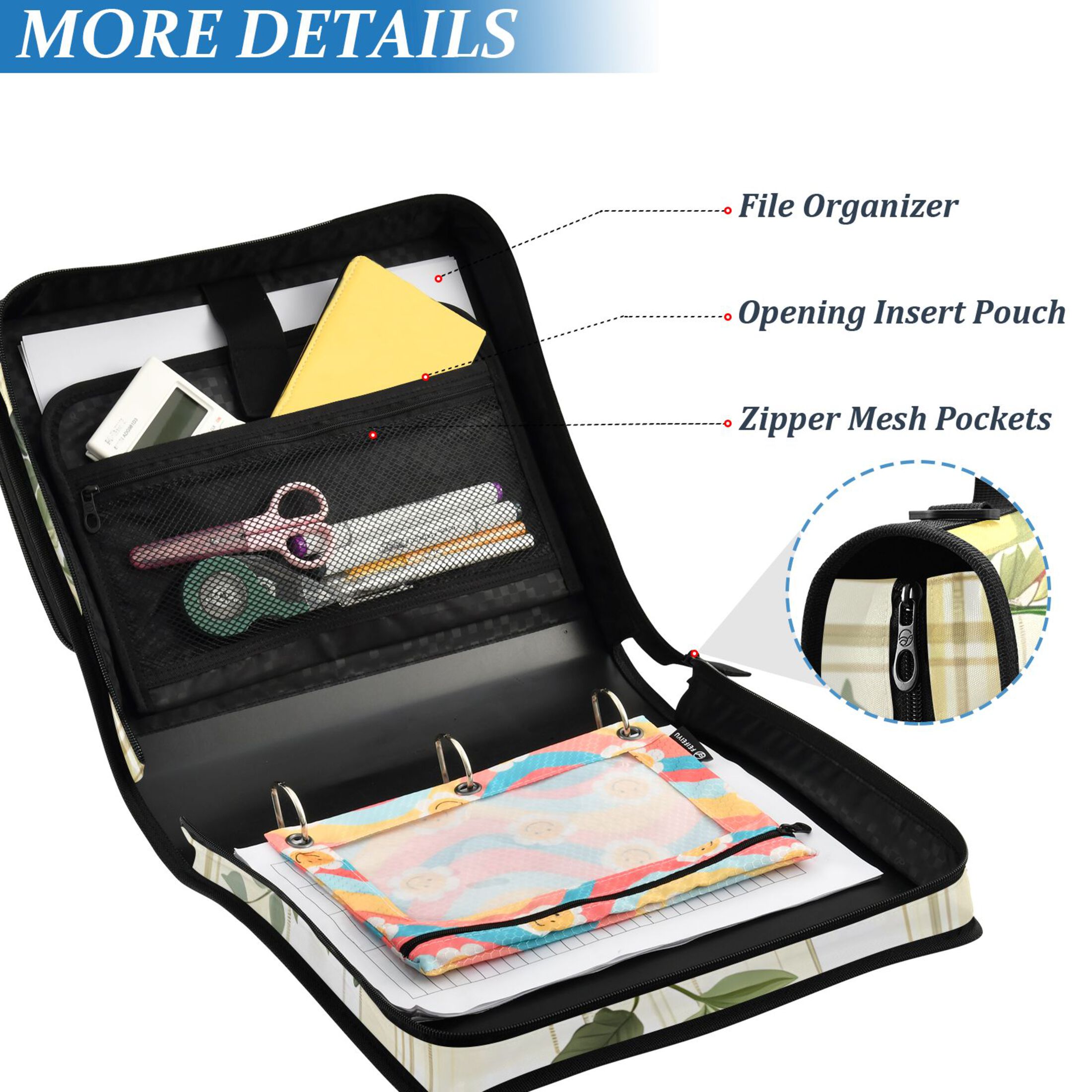 3 Ring Zipper Binder with Shoulder Strap Waterproof Trapper Keeper 2 Inch D-Ring 500 Sheets Capacity Flowers and Butterflies on Plaid