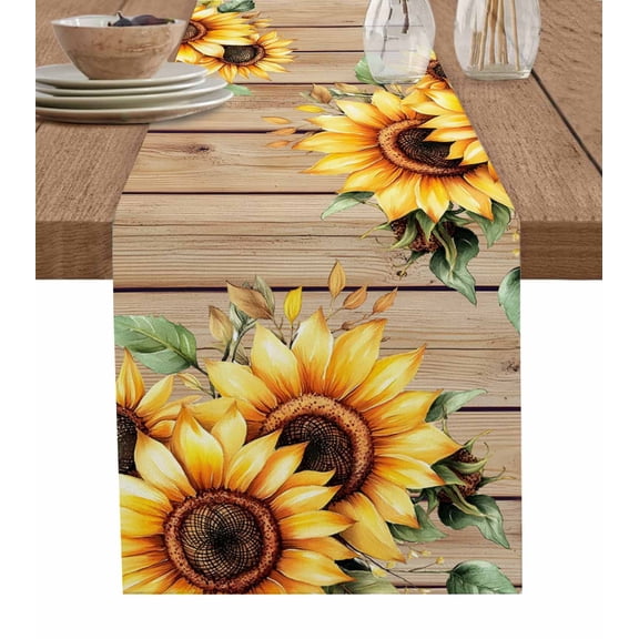 Ldtrchee Yellow Sunflower Table Runner 90 Inches, Brown Wood Plank Wildflower Floral Bed Runner Dresser Scarves Tabletop for Indoor Outdoor Parties/Ceremony/Banquet, 13" x 90"