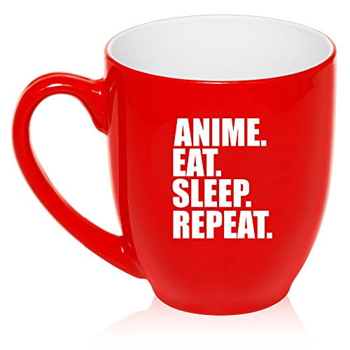 16 oz Large Bistro Mug Ceramic Coffee Tea Glass Cup Anime Eat Sleep Repeat  (Red) 