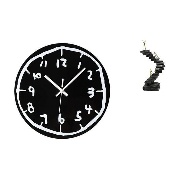 Reloj de pared,Reloj de pared silencioso y decorativo que no hace tictac,Reloj moderno de 12 pulgadas para pared de casa o oficina,sencillo.,Estatua de escalera,Estatua de escalera con libros