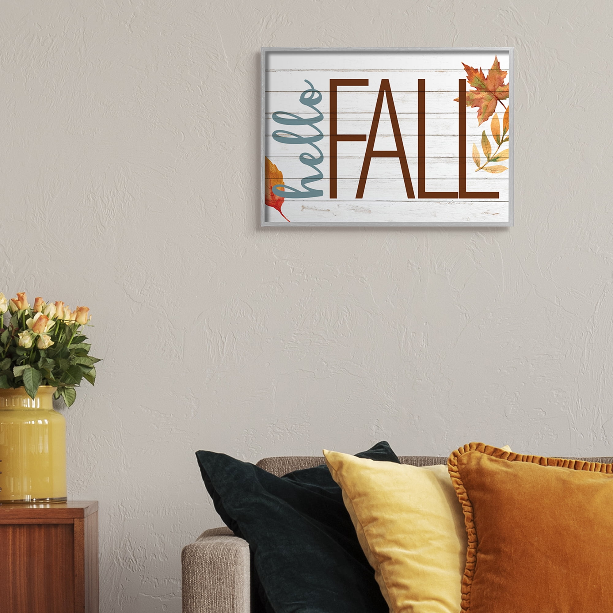 Stupell Industries Hello Fall Planked Look Autumn Foliage Holiday Painting Gray Framed Art Print Wall Art, 16 x 20