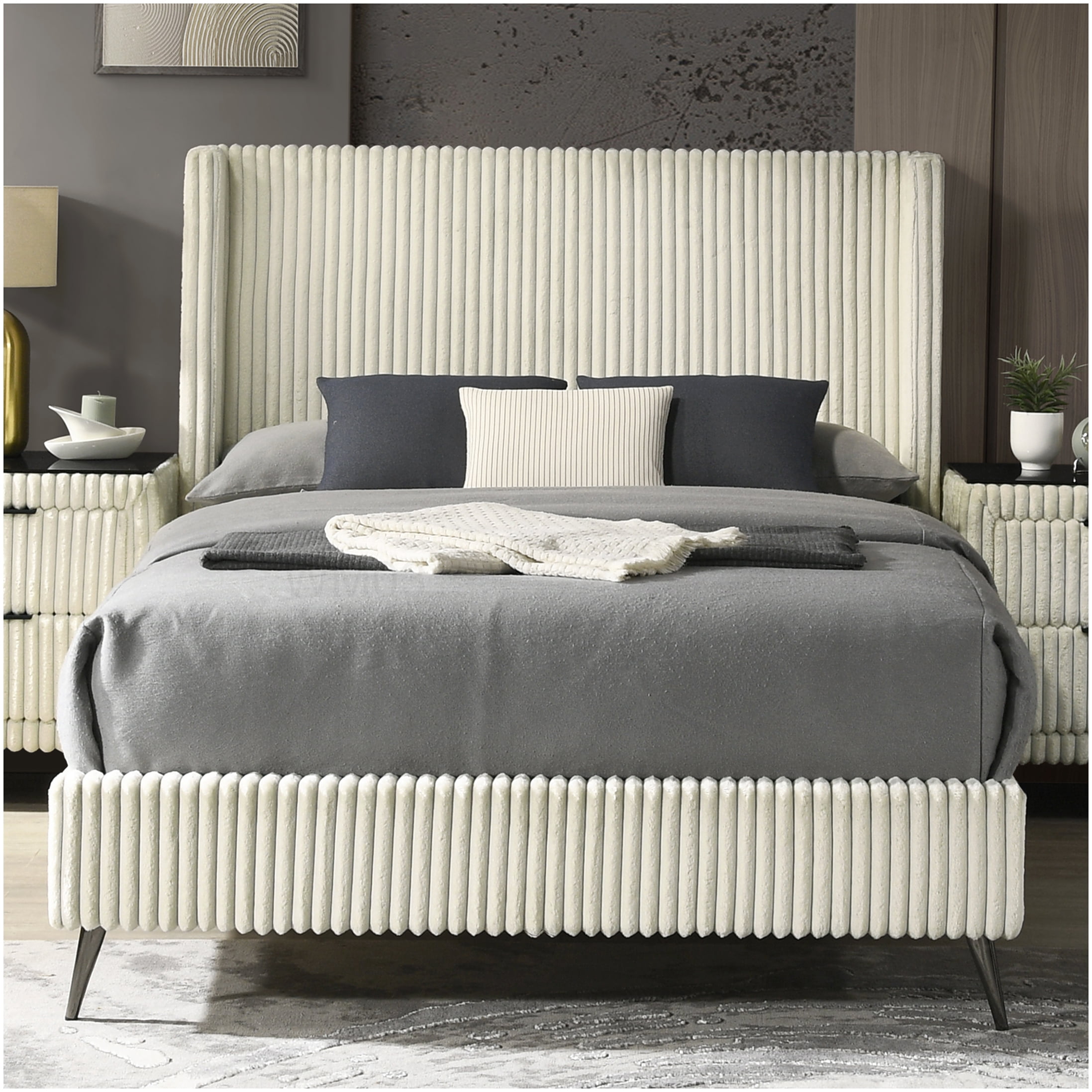 Modern Upholstered Queen Bed Frame with Wingback Headboard, Corduroy Fabric Platform Base, No Box Spring