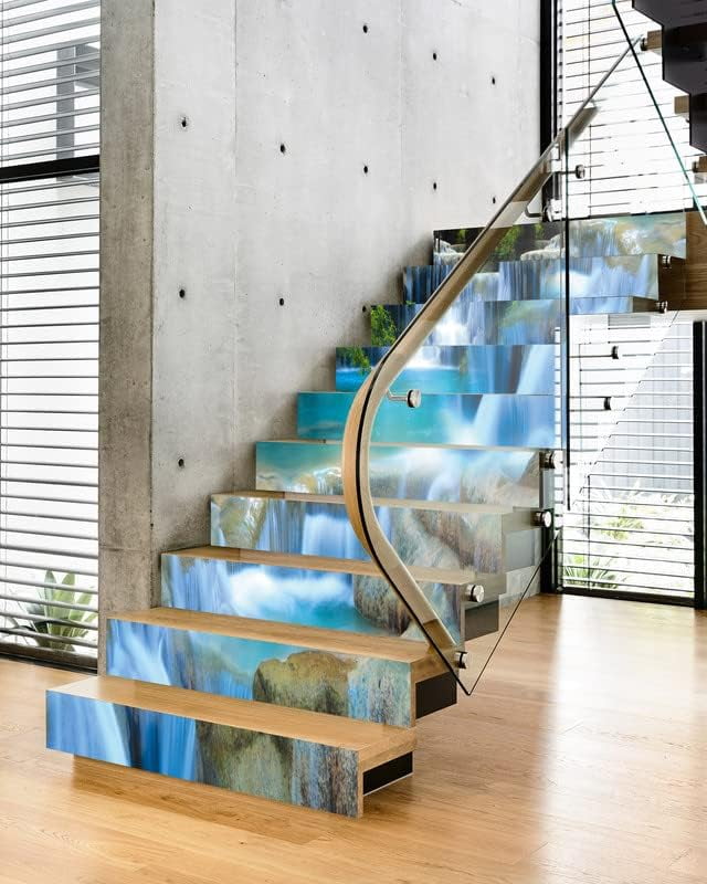 3D Stair Stickers - Landscape wall stickers steps decorative stickers, Removable Tile Decals for Stair Risers - Peel and Stick, Waterfall Design, 39.3Inch x 7.08Inch x 13Pcs