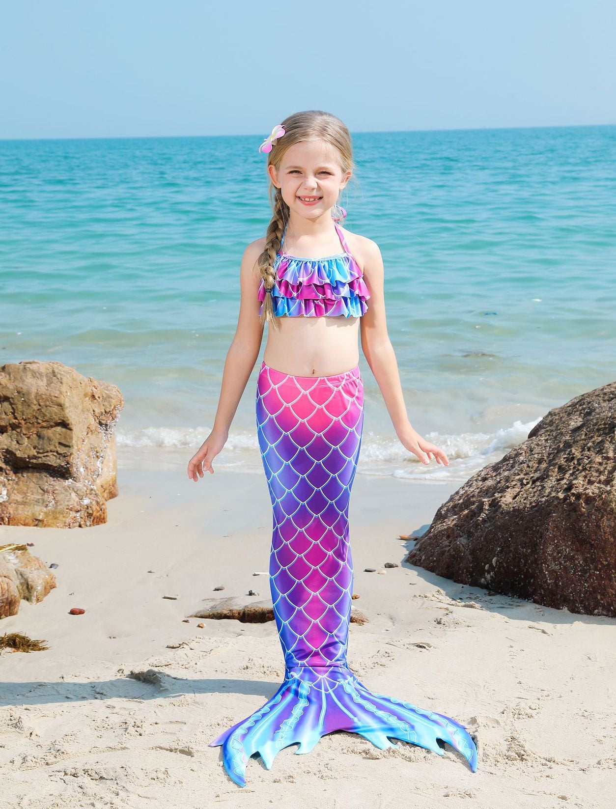 2026 Girls Swimming Mermaid Tail 4 Pcs Sets Kids Mermaid Swimwear