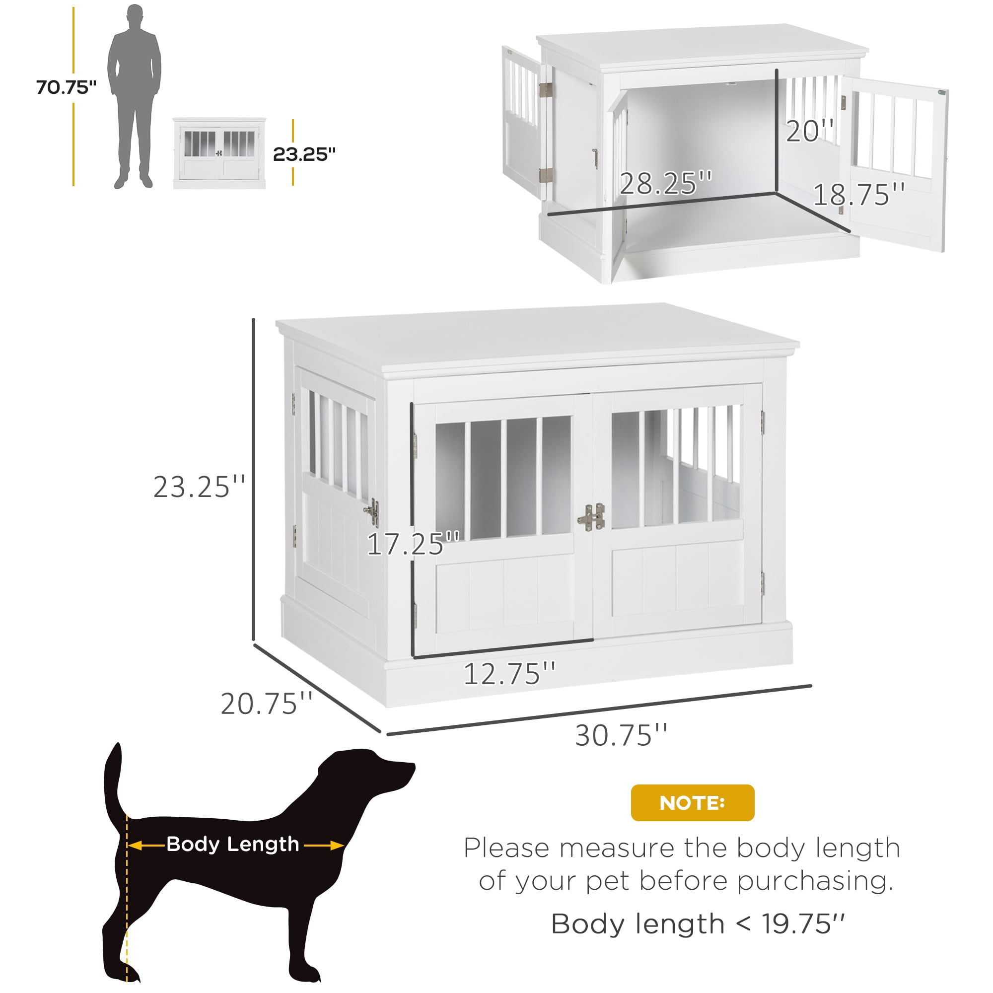 PawHut Dog Crate End Table with Triple Doors, Wooden Dog Crate Furniture Indoor Use, Puppy Crate for Small Dogs, White