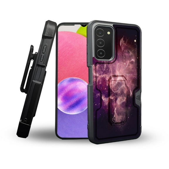 ANJ  Rugged Shockproof Holster Case Card Slot Kickstand   Tempered Glass Cover for Samsung Galaxy A03s - Pink Nebula