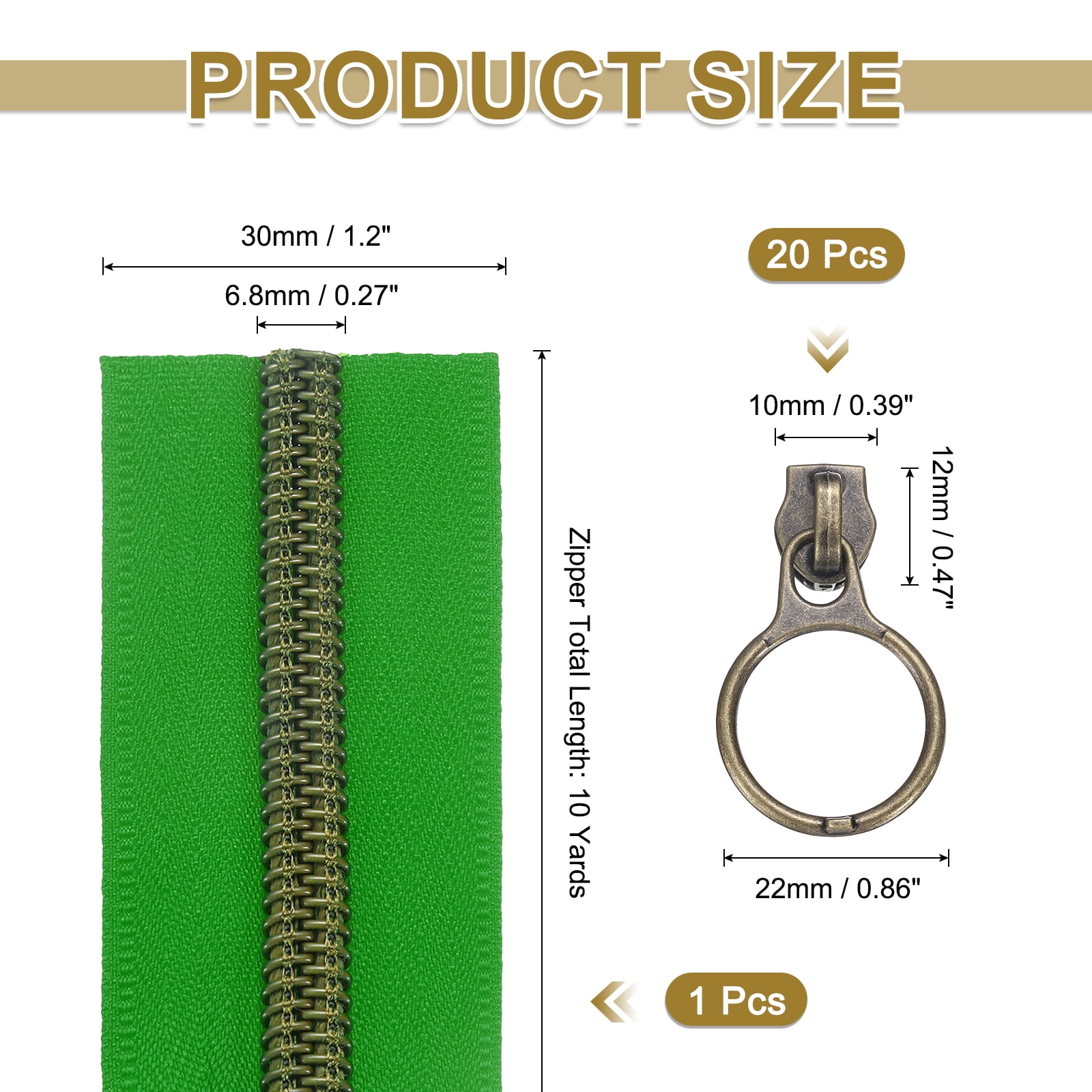 #5 10 Yards Nylon Coil Zippers, Bulk Coil Zipper by the Yards with 20pcs Vintage Brass Zippers Sliders for Diy Tailor Sewing Craft Bag Clothes, Green