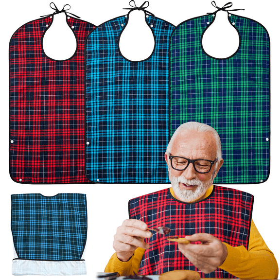 XKDOUS 3 Pack Adult Bibs, Washable Waterproof Adult Bibs for Men Women Elderly, Clothing Protector with Crumb Catcher, Adult Bibs for Eating