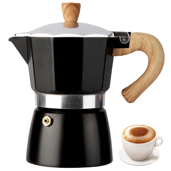 3 Cup Stovetop Espresso Maker, 5oz Aluminum Moka Pot Coffee Maker with Wood-Look Handle, Cuban Coffee Pot for Home Kitchen and Camping, Black