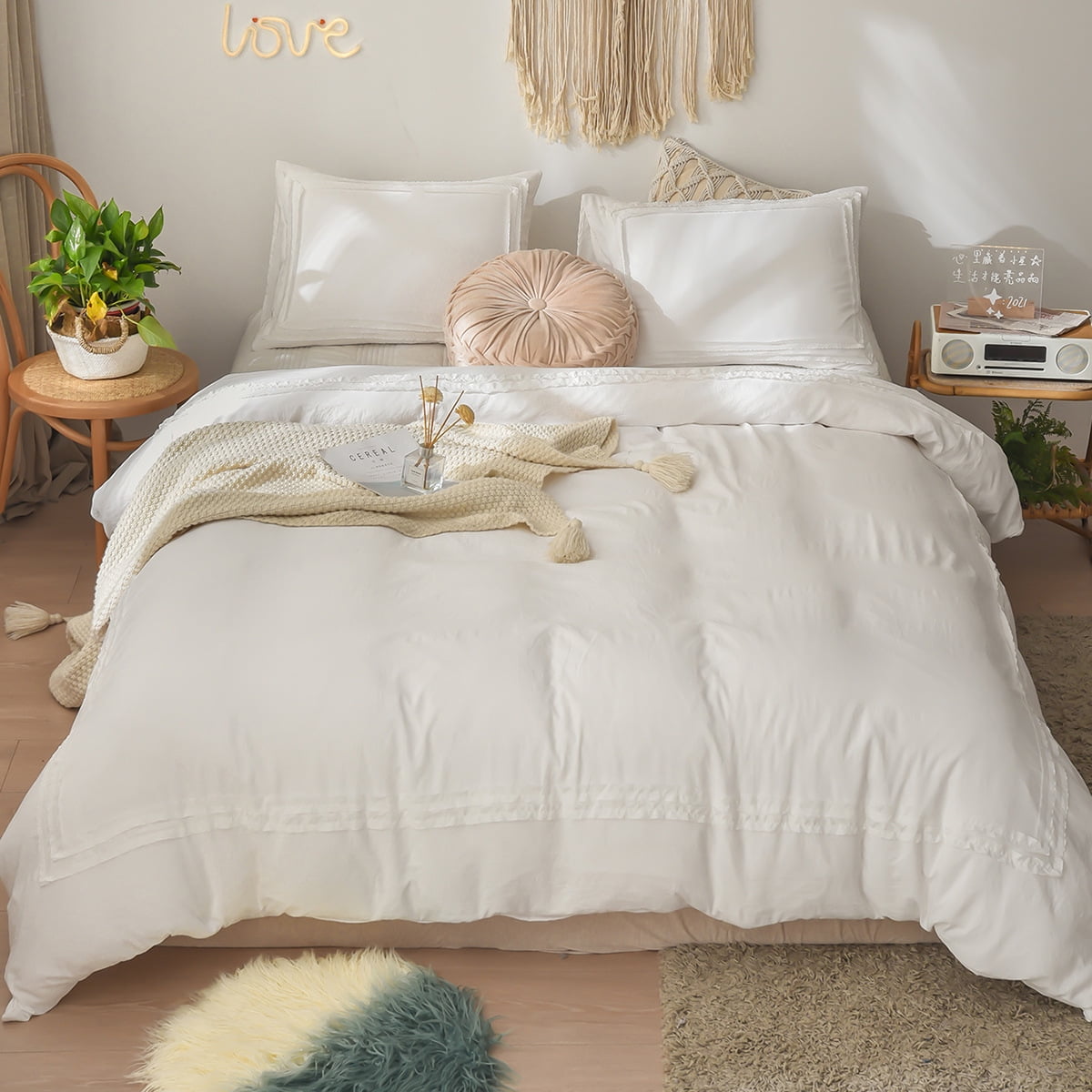 White Bedding Full Farmhouse Duvet Cover Boho Chic Bedding Solid Color