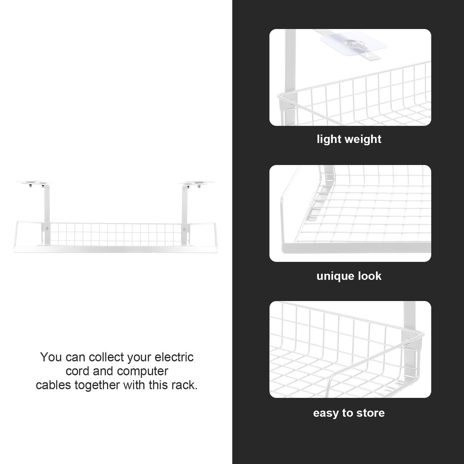 LITINKIMI White Under Desk Cable Organizer Rack for Home Use Wire Holder and Power Supply Management