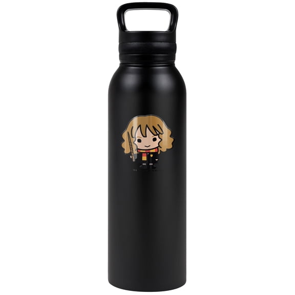 Harry Potter Official Cute Chibi Hermione Character 24 oz Insulated Canteen Water Bottle, Leak Resistant, Vacuum Insulated Stainless Steel with Loop Cap, Black