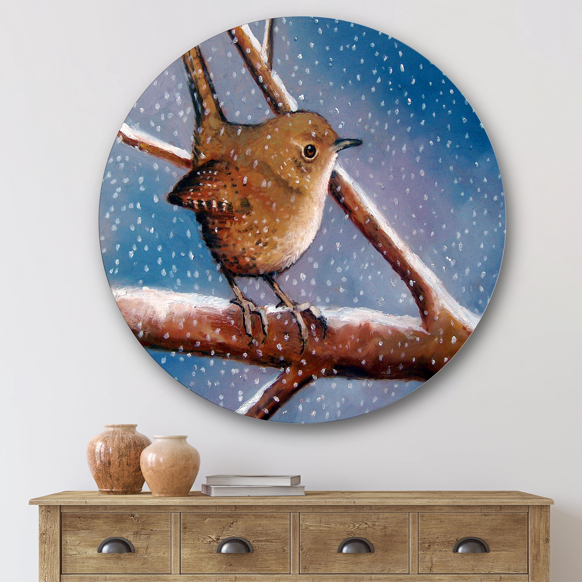 Designart 'Wren Bird On Branch In Winter' Farmhouse Circle Metal Wall Art 29x29 - Disc of 29