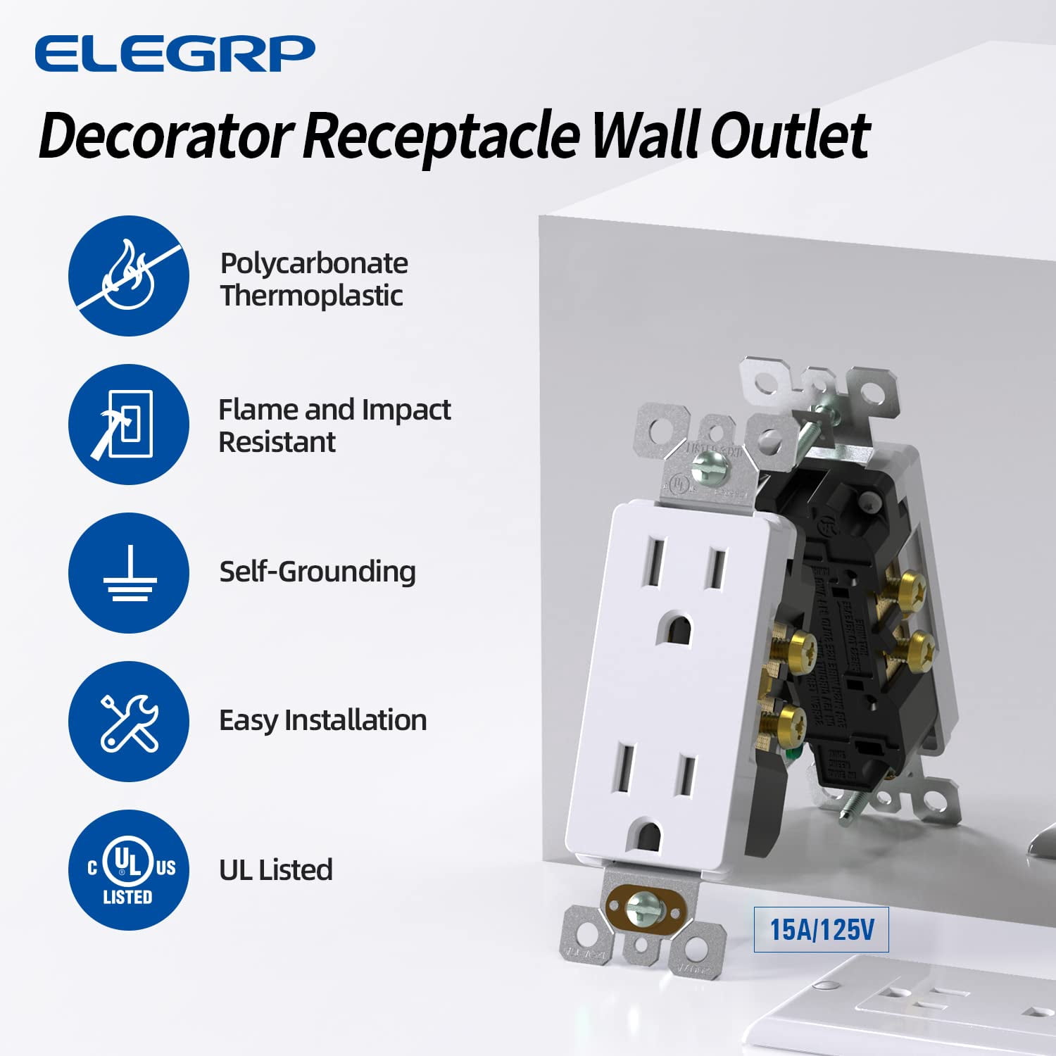 Decorator Receptacle, 15A 125V Standard Electrical Wall Outlet, 2 Pole 3 Wire, Non- Tamper Resistant, NEMA 5-15R, Self-Grounding Residential Grade Outlet, UL (Glossy White, 10 Pack)