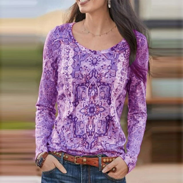 CEHVOM T-Shirt de Base pour Femmes, Imprimés d'Automne, Style Ethnique, Manches Longues
