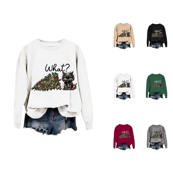 Funny Christmas Cat Sweatshirts for Women 2025 Long Sleeve Crewneck Funny Cat Graphic Sweatshirt Pullover Tops