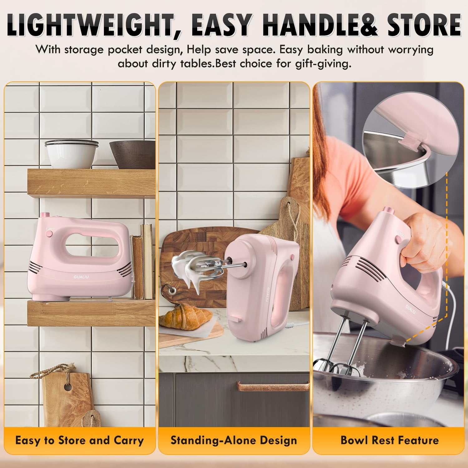 Electric Hand Mixer with Stainless Steel Whisk Dough Hook Attachment and Storage Bag Handheld for Baking Cakes Eggs Cream Food Mixers. Turbo Boost /5 Speed Kitchen Blender PINK
