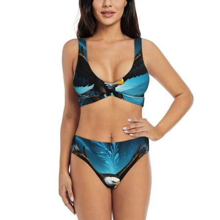 Zeuib Night Sky Forest Bald Eagle High Waisted Tummy Control Bikini Set - Knot Front Push Up Top & Cheeky Thong Bottom  Two-Piece Swimsuit for Women-XX-Large