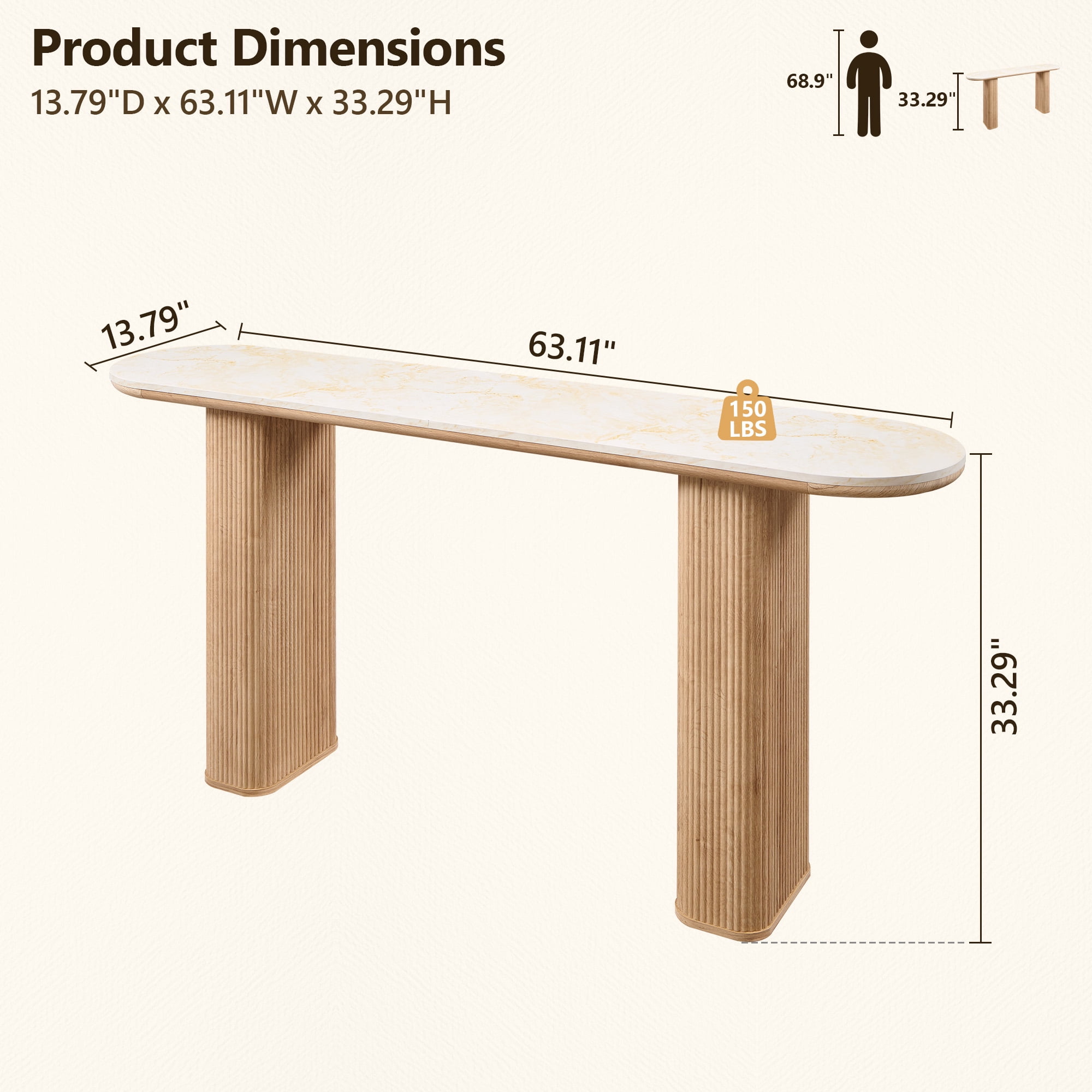 KeyWhat 63" Entryway Console Table with Fluted Wood Base, Modern Sofa Table Behind the Couch for Living Room, Hallway, Entrance, Foyer, Natural Oak