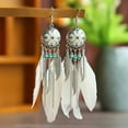 thumbnail image 3 of Boho Long Enamel Feather Dangle Drop Statement Stud Earring for Women Bohemian Ball Beaded Turquoise Tassel Dangling Link Piercing Fish Hook Earrings Ethnic Style Vintage Jhumka Jhumki Party, 3 of 12
