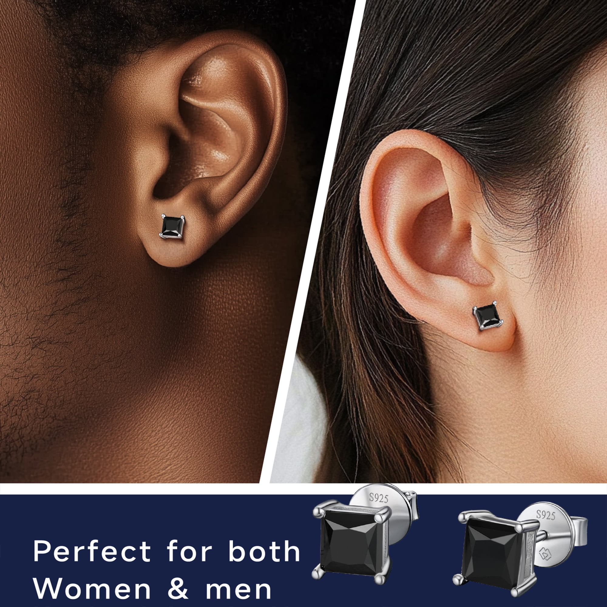 MomentWish 2 Carat Black Moissanite Solitaire Stud Earrings, D Color VVS1 Simulated Diamond 925 Sterling Silver Earrings For Men Women
