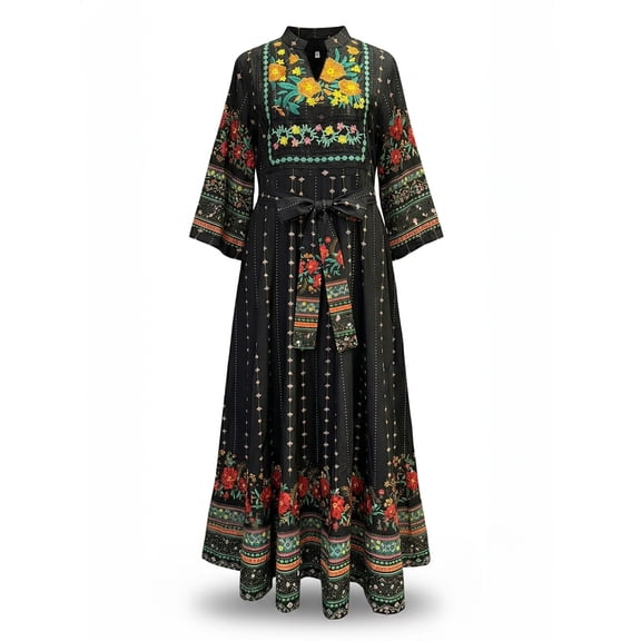 Women's Boho Embroidered Maxi Dress Long Sleeve V Neck Floral Printed Belted Swing Vacation Dress