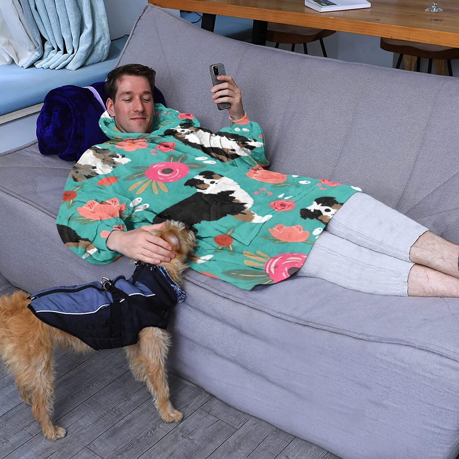 Australian Shepherd Dog and Flower Wearable Oversized Blanket,Wearable Blanket Hoodie for Adults,Cozy Hooded Blankets with Super Pockets,Super Warm Fuzzy Pullover for Women & Men