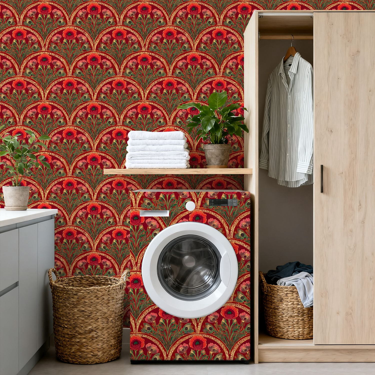 Peel and Stick Wallpaper Vibrant Floral Art Nouveau Rich Red Gold Accents Wall Mural 17.7in x 9.8ft Self Adhesive Removable Wall Paper Renter Friendly Wallpaper for Bedroom Livingroom Office