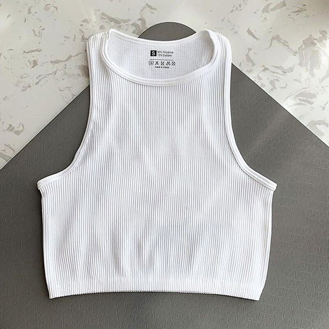 Top corto de Yoga para mujer, Sujetador deportivo para gimnasio, chaleco básico sin costuras, ropa de calle de punto acanalado, camisetas para correr, camiseta sin mangas para entrenamiento