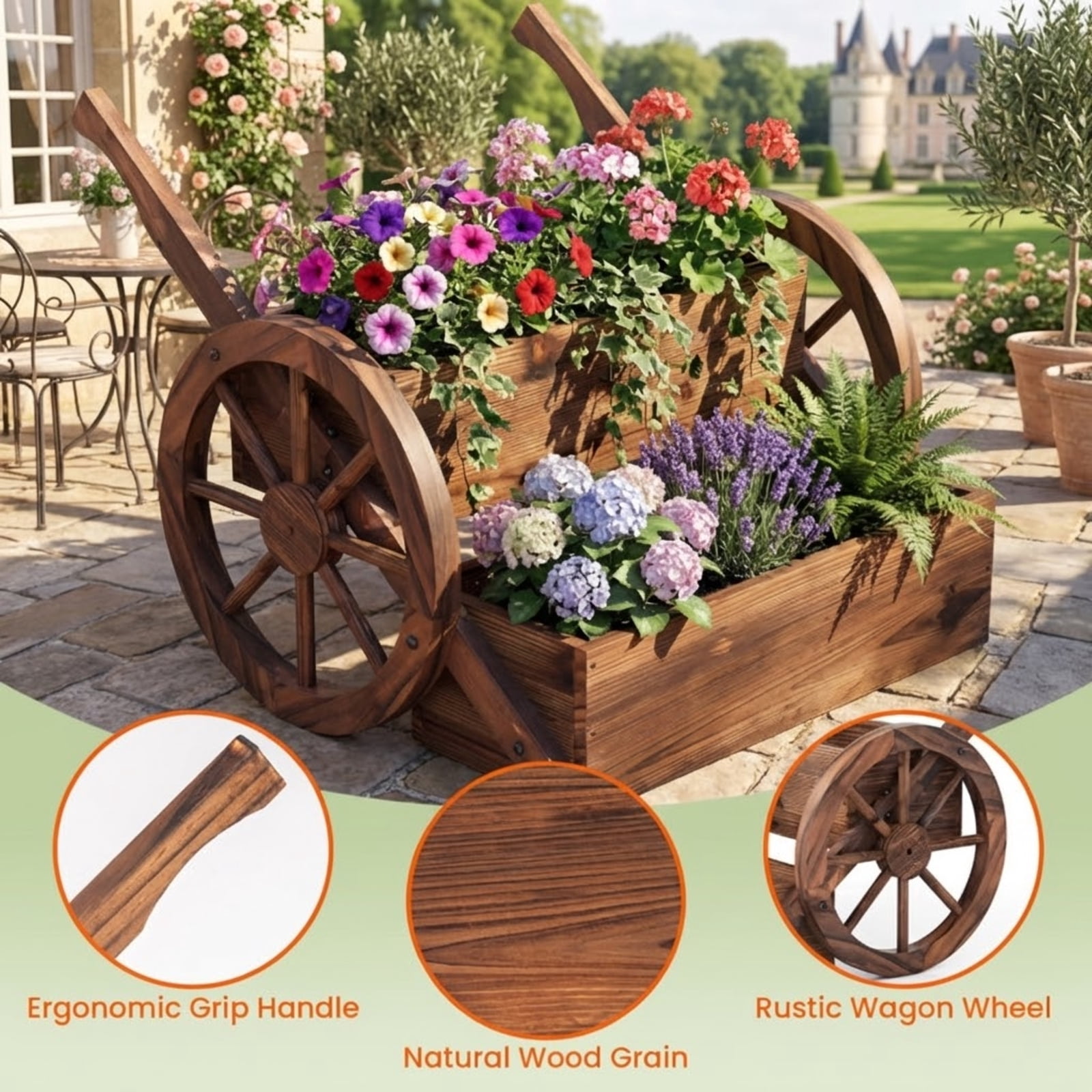 Biotree Rustic Wood Wagon Planter 2-Tier Versatile Raised Garden Bed with Wheels-Brown - Outdoor Backyard Patio Garden Planting