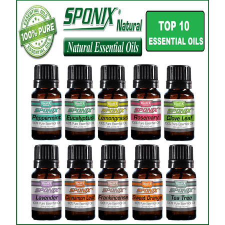 Aromatherapy Sponix Top 10 Essential Oils - 10 ml - 100% Pure & Natural (Peppermint, Eucalyptus, Lemongrass, Rosemary, Lavender, Cinnamon Leaf, Clove Leaf, Frankincense, Sweet Orange, Tea Tree)
