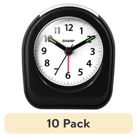 (10 pack) SHARP Quartz Analog Arch Alarm Clock, Black, Battery Operated, Small, Travel Clock