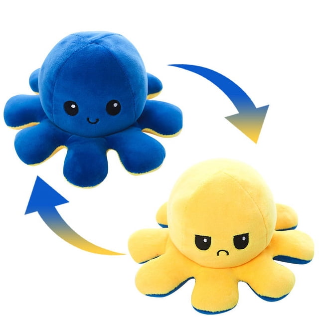 mini juguete de peluche suave, pulpo reversible de peluche de pulpo con forma de cielo reversible, pulpo de peluche de 10*20 cm (amarillo azul oscuro sailing electrónica — Vista 3/4 mostrando el peluche reversible en dos estados: pulpo azul oscuro con ojos y sonrisa felices y el mismo pulpo volteado en amarillo con cejas fruncidas y boca triste. Tela de terciopelo cristal y relleno de algodón PP; aprox. 20 cm de ancho por 10 cm de alto. Adecuado para expresar estado de ánimo, decorar habitaciones u oficinas y como regalo para parejas o niños.