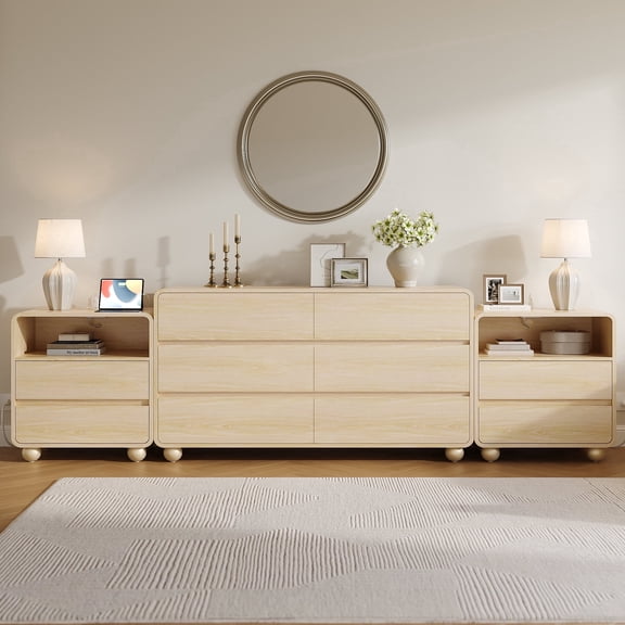 Aufeile Bedroom Dresser and Nightstand 3 Piece Set, 53" 6 Drawer Wood Dresser & Nightstand Set of 2 with Charging Station, Modern Curved Bedroom Furniture Set, Chest of Drawers, Natural